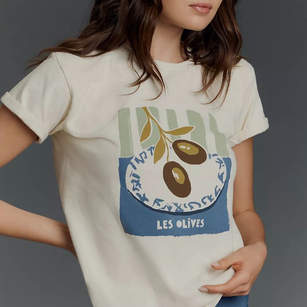 Anthropologie Cream 'Les Olives' Graphic Tee with Blue and Olive Print